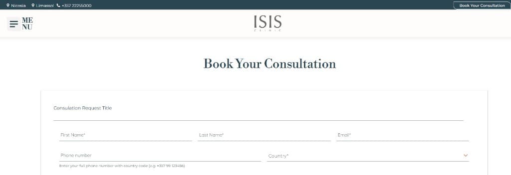 ISIS Clinic website Book Your Consultation page showing a static contact form with name, email, and phone fields—not a live appointment calendar